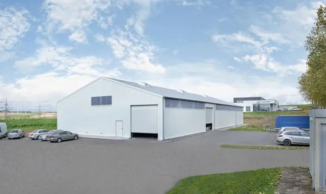Full exterior view of a 20x45m temporary warehouse tent by Superb Holaj, ideal for industrial and logistics use