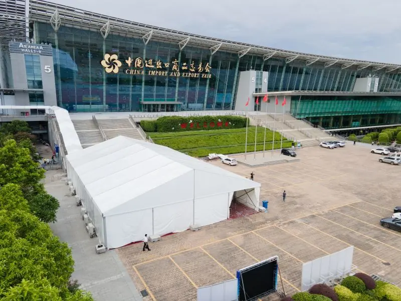 20x50m commercial exhibition tent aerial shot showing layout and access