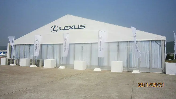 Panoramic exterior shot of 25x35m Lexus Event Tent in urban exhibition setting