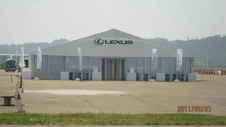 Night view of Lexus Exhibition Tent with illuminated exterior and ambient lighting
