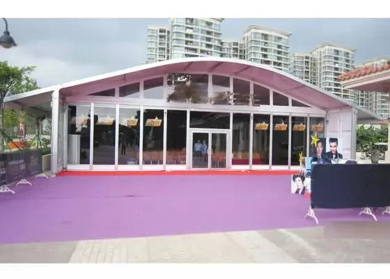 External view of South African business tent with aluminum frame and branded entrance