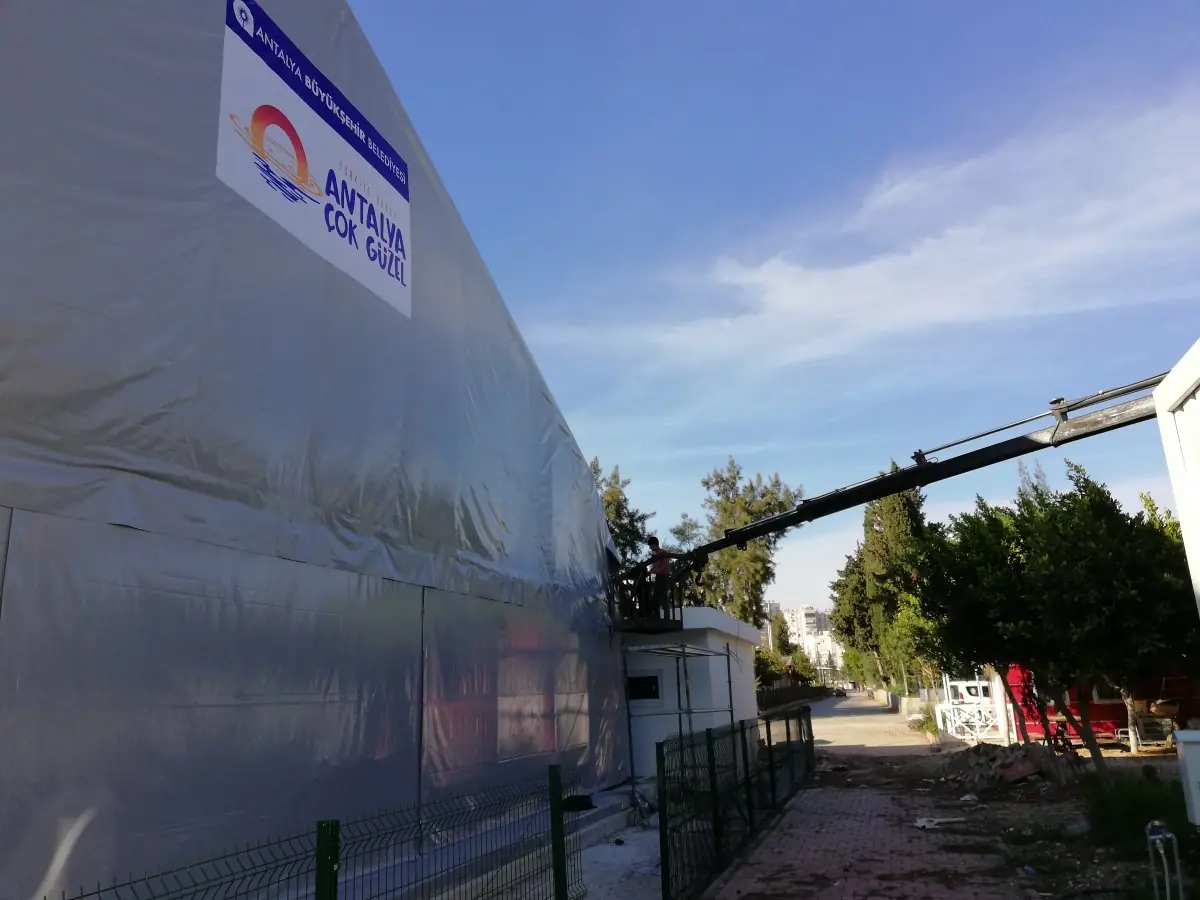 high-peak basketball event tent outside shot in Turkey