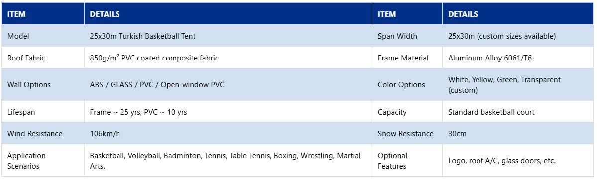 25x30m Turkish Basketball Tent Specifications