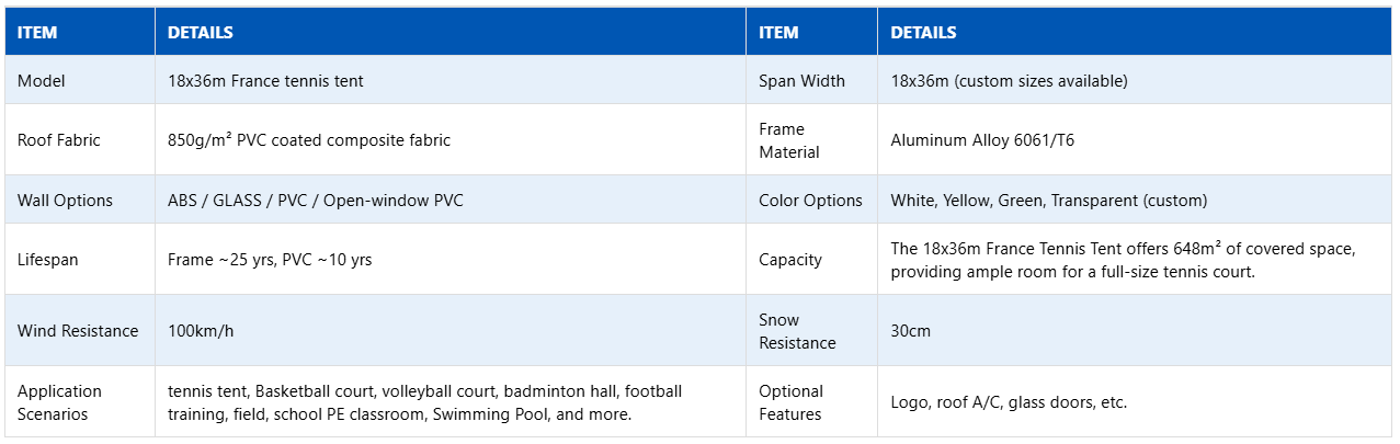 18x36m France tennis tent Specifications