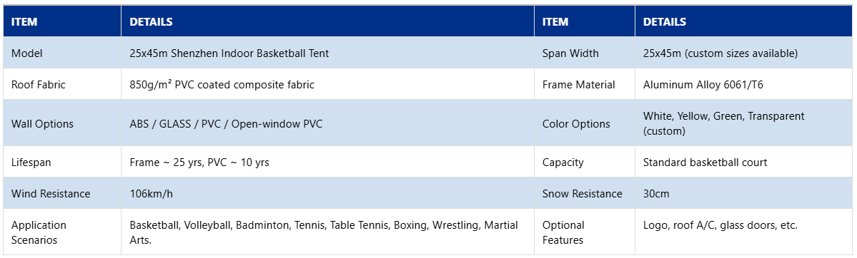 25x45m Shenzhen Indoor Basketball Tent Specifications