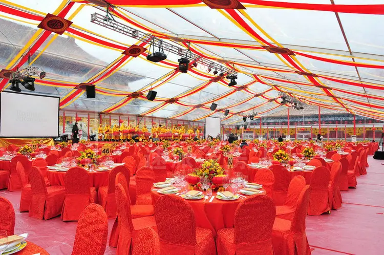 Interior of Royal Wedding Clear 25X40m tent by Superb Holaj Tent, featuring transparent walls and elegant setup for luxury royal weddings.