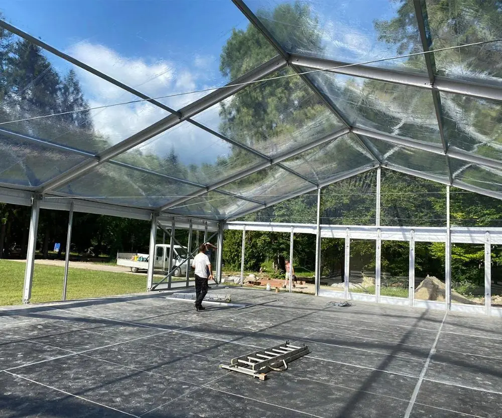 Completed internal structure of 15x20m glass wedding tent for 200 guests in Hungary for sale