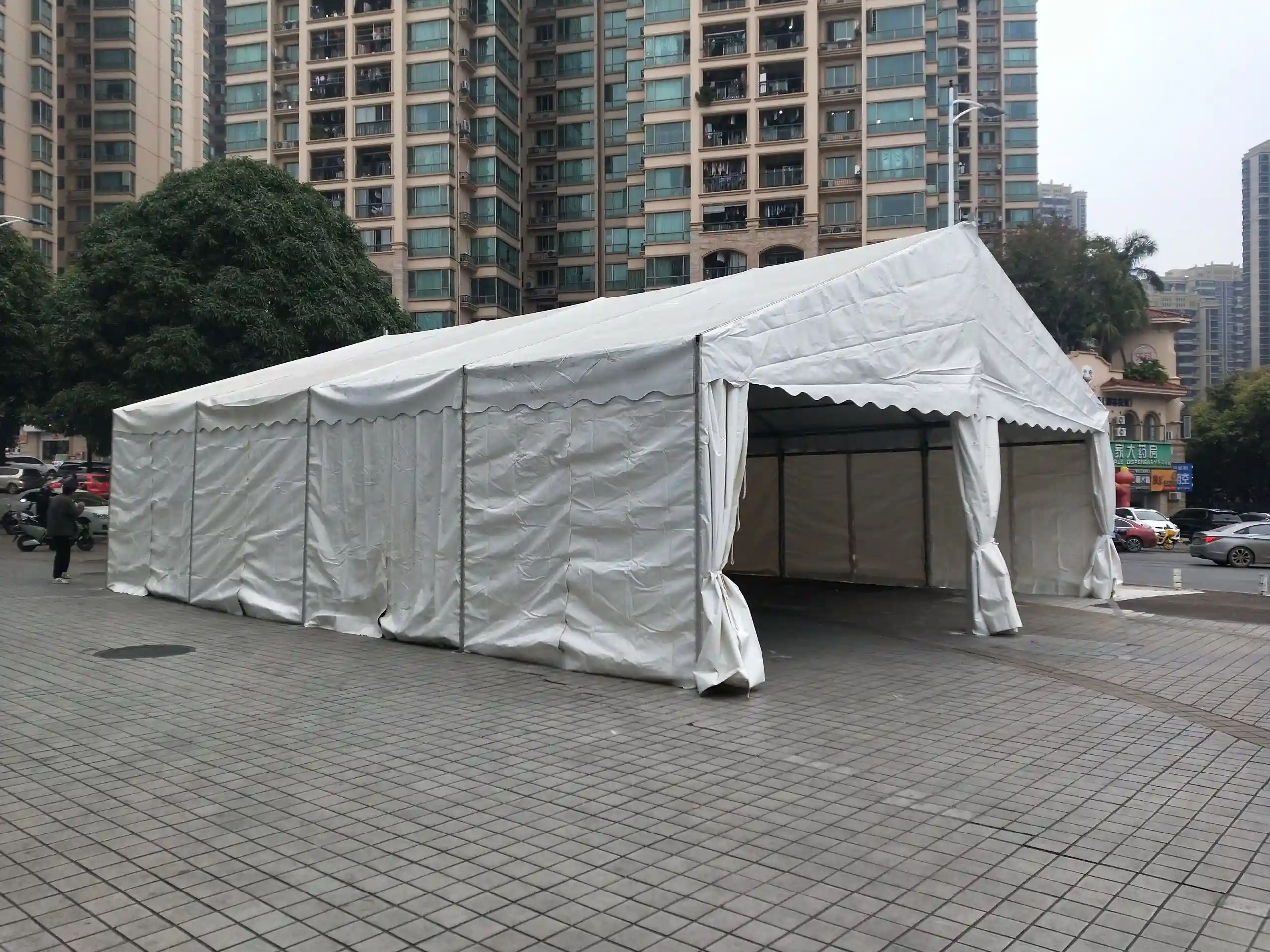 Luxury 10x20m wedding tent outdoor setup for 50-100 guests in green landscape.