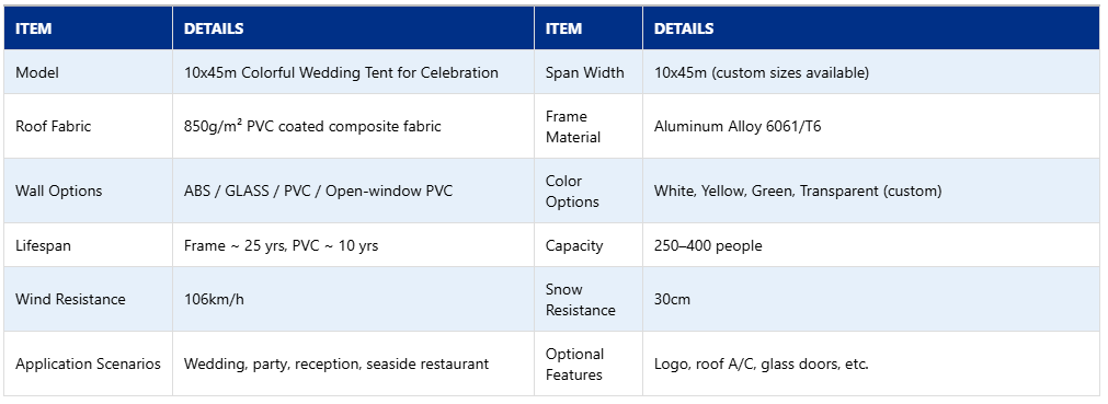 10x45m Colorful Wedding Tent for Celebration Specifications