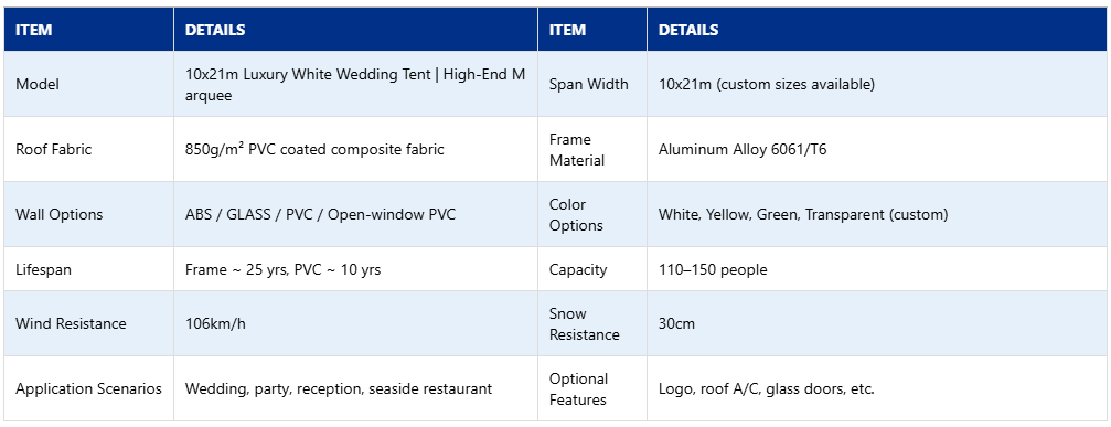 10x21m Luxury White Wedding Tent | High-End Marquee by Superb Holaj Tent Parameters