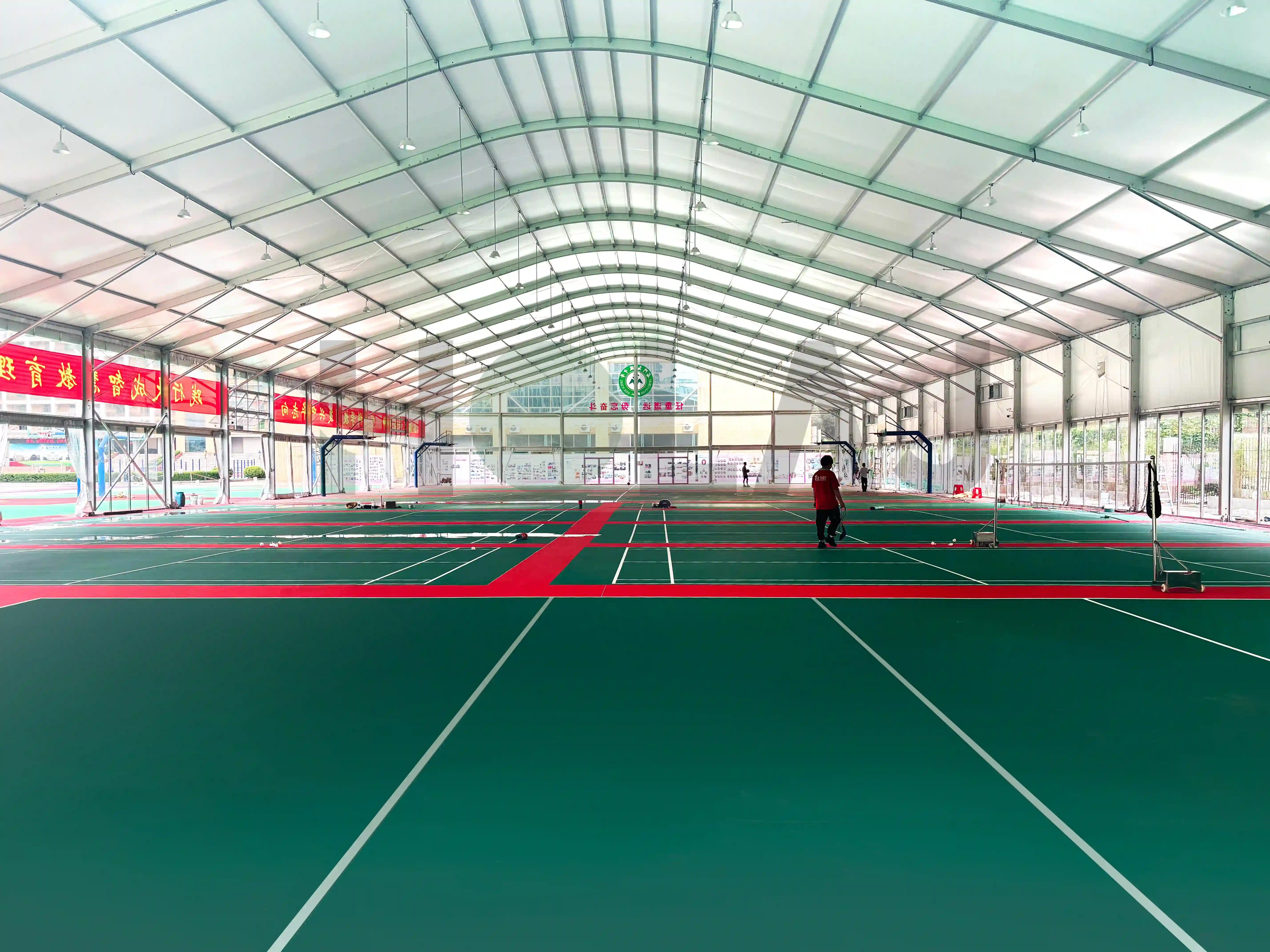 Interior view of aluminum modular sports tent with basketball court